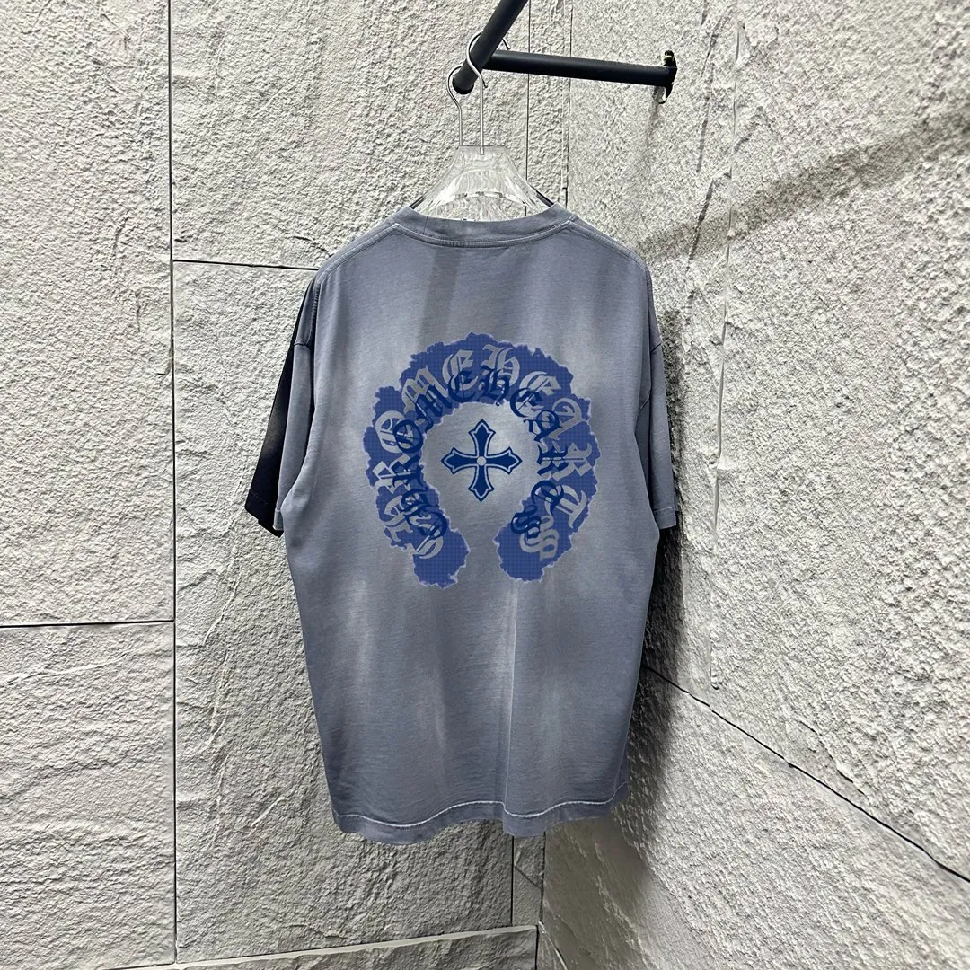 🅿️190 CH Crow Heart 2025 Summer New Style Heavy pickling with gradient distressing Chest logo Horseshoe print Customized fabric Short-sleeved T-shirt Unisex Size: S M L